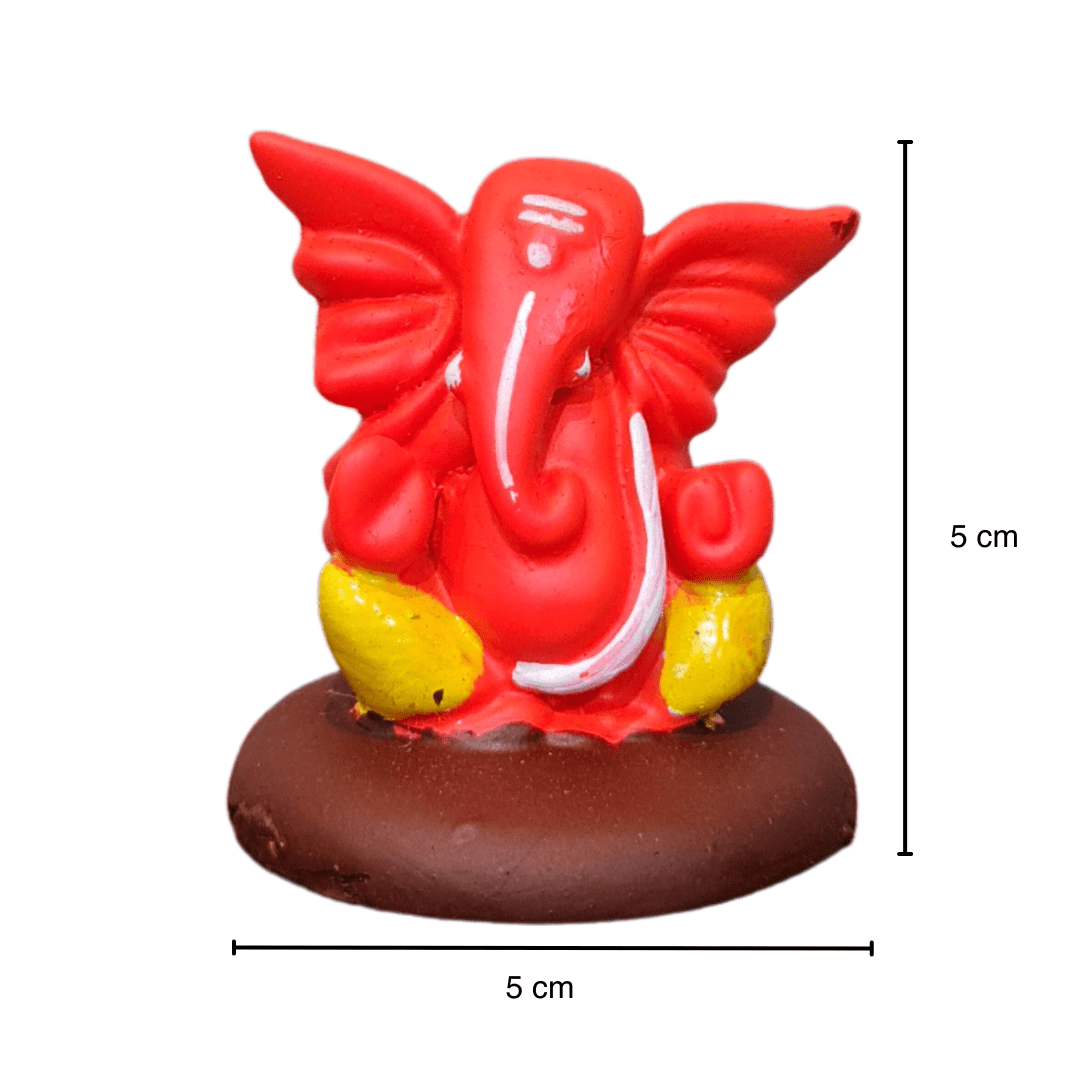 Resin Ganesha Murti Idol Statue Sculpture - 5cm x 5cm Saffron Colour with Brown Platform | Miniature Divine Decor - Divinesansar