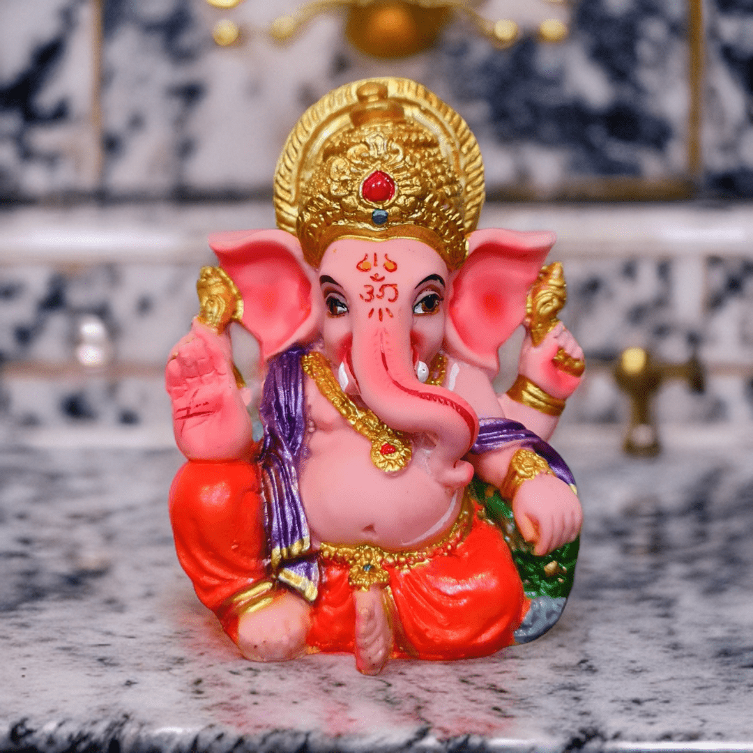 Resin Ganesha Murti Idol Statue Sculpture - 9cm Bodycolour with Multicolour Decoration | Divine Home Decor - Divinesansar