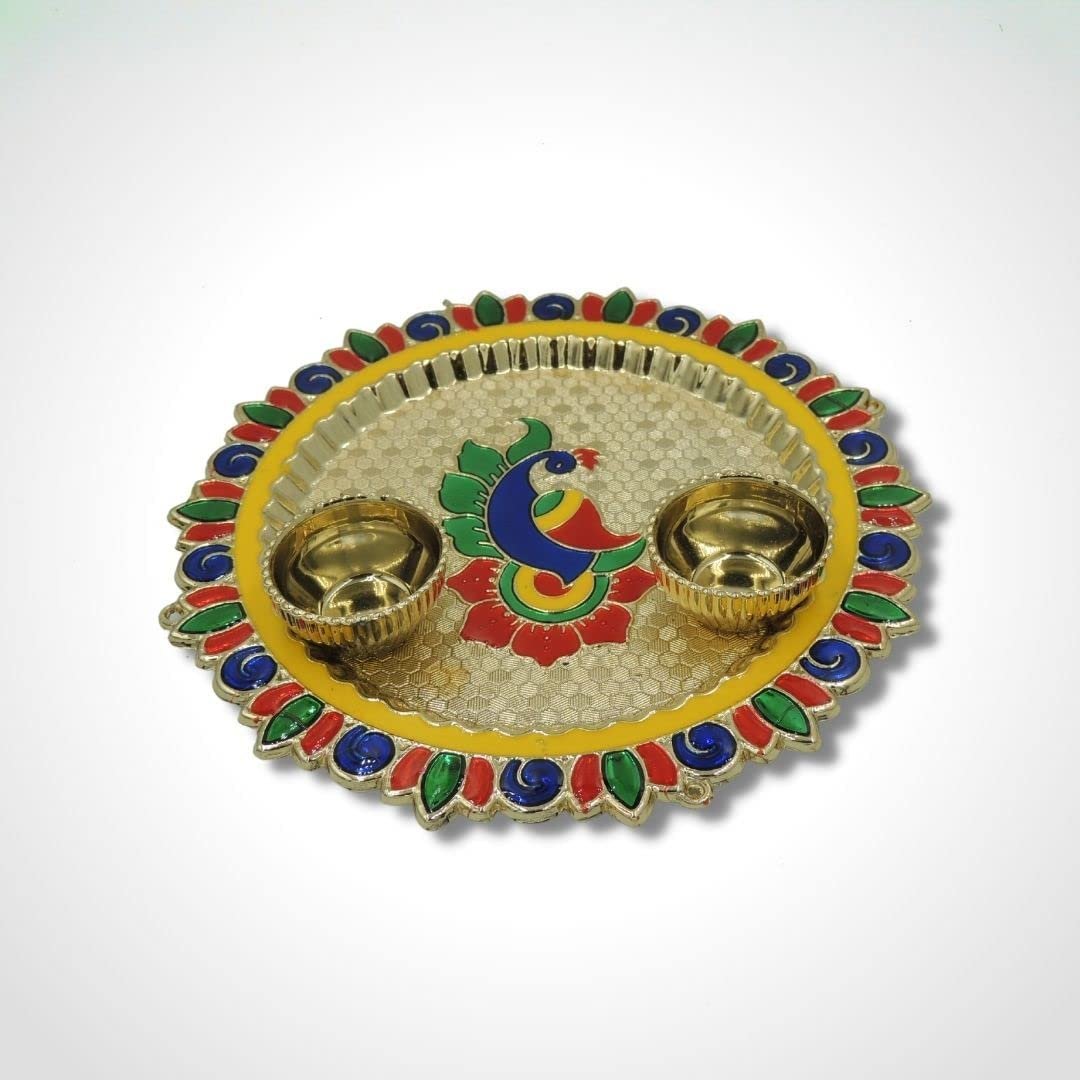 Haldi Kumkum Acrylic Holder Peacock Theme round with Minakari - Divinesansar