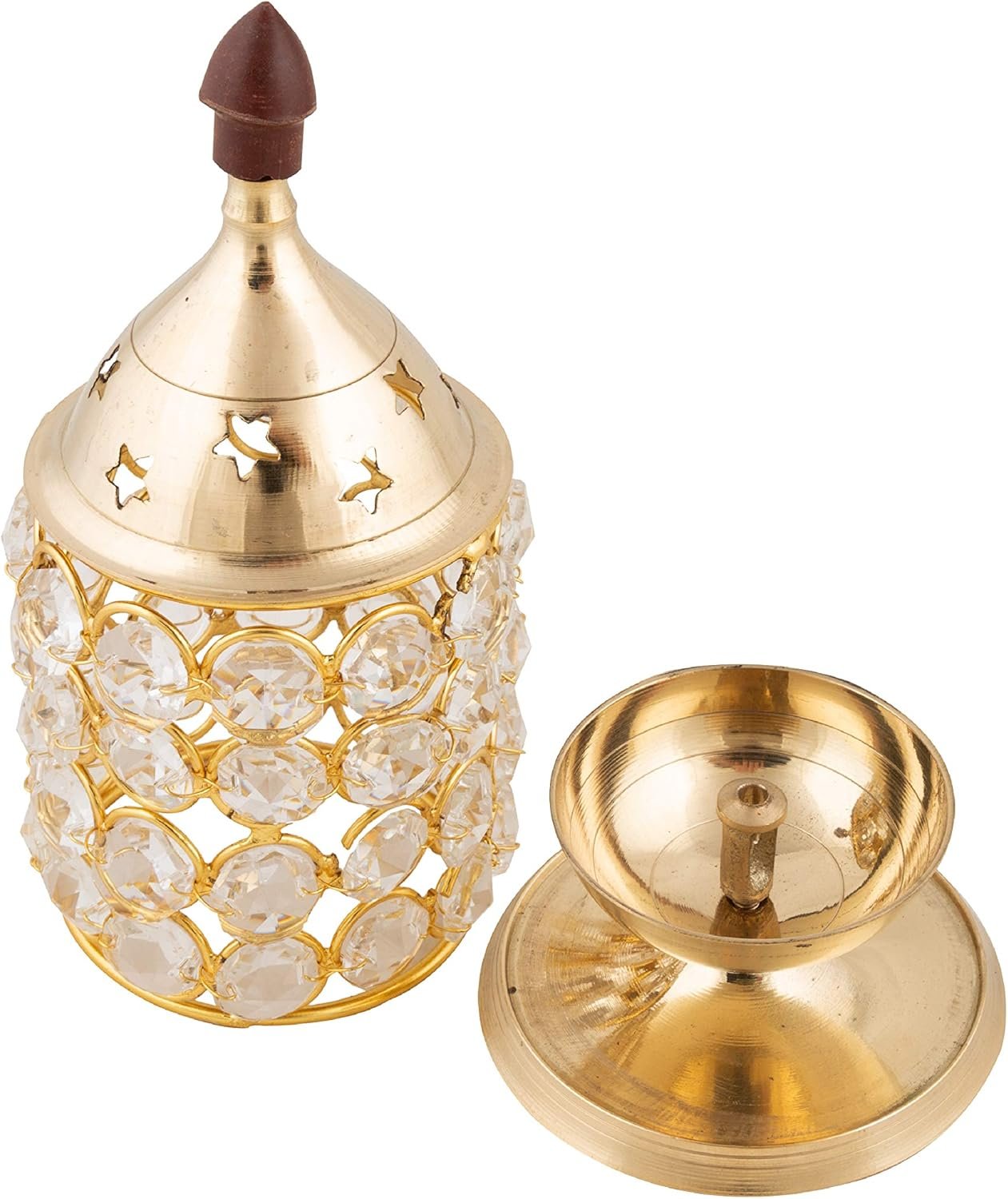 Crystal-Adorned Brass Akhand Diya - Divinesansar