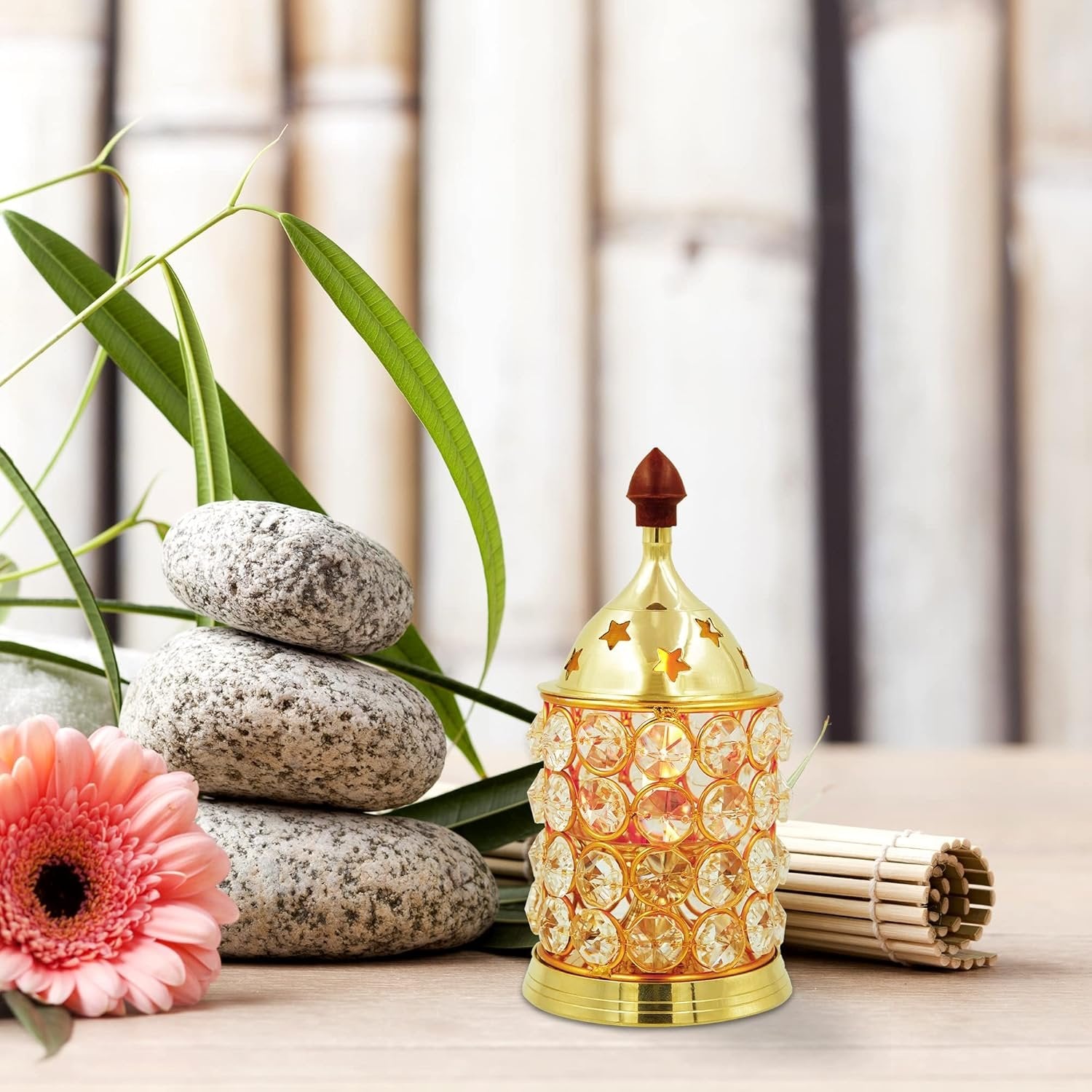 Crystal-Adorned Brass Akhand Diya - Divinesansar
