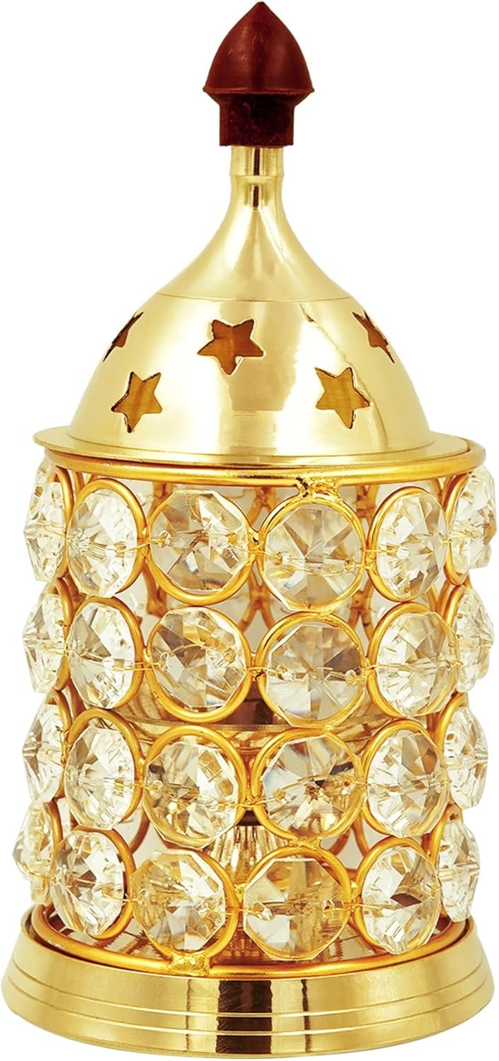 Crystal-Adorned Brass Akhand Diya - Divinesansar