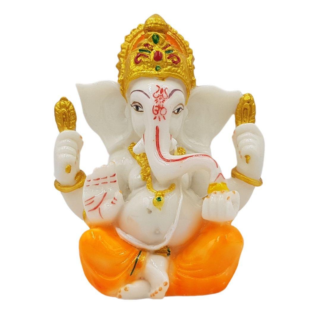Divine Ganesha Statue | White and Orange | 4 Inches - Divinesansar
