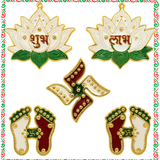Acrylic Diwali Decoration Sticker Set – Shubh Labh, Swastik & Lotus Feet (1 set of 5-Piece)