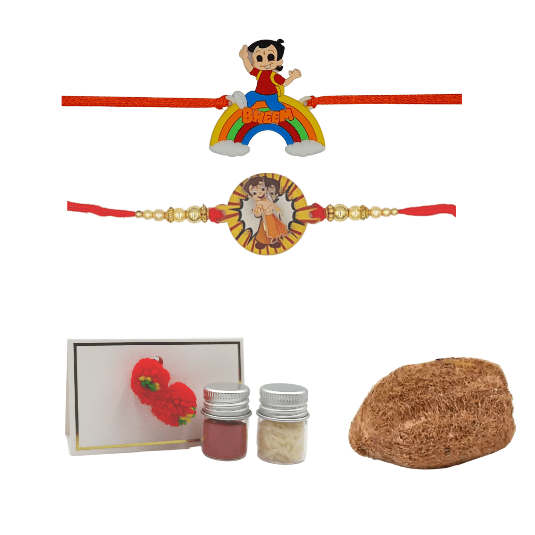 Kids Rakhi Combo with FAVOURITE Cartoon Characters (Bheem) - Set of 2, with Bonus Shravan/Ram Rakhis, Ekakshi Nariyal, Kumkum, & Akshat - Perfect for Celebrating Brotherly Love - Divinesansar