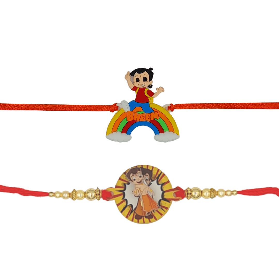 Kids Rakhi Combo with FAVOURITE Cartoon Characters (Bheem) - Set of 2, with Bonus Shravan/Ram Rakhis, Ekakshi Nariyal, Kumkum, & Akshat - Perfect for Celebrating Brotherly Love - Divinesansar