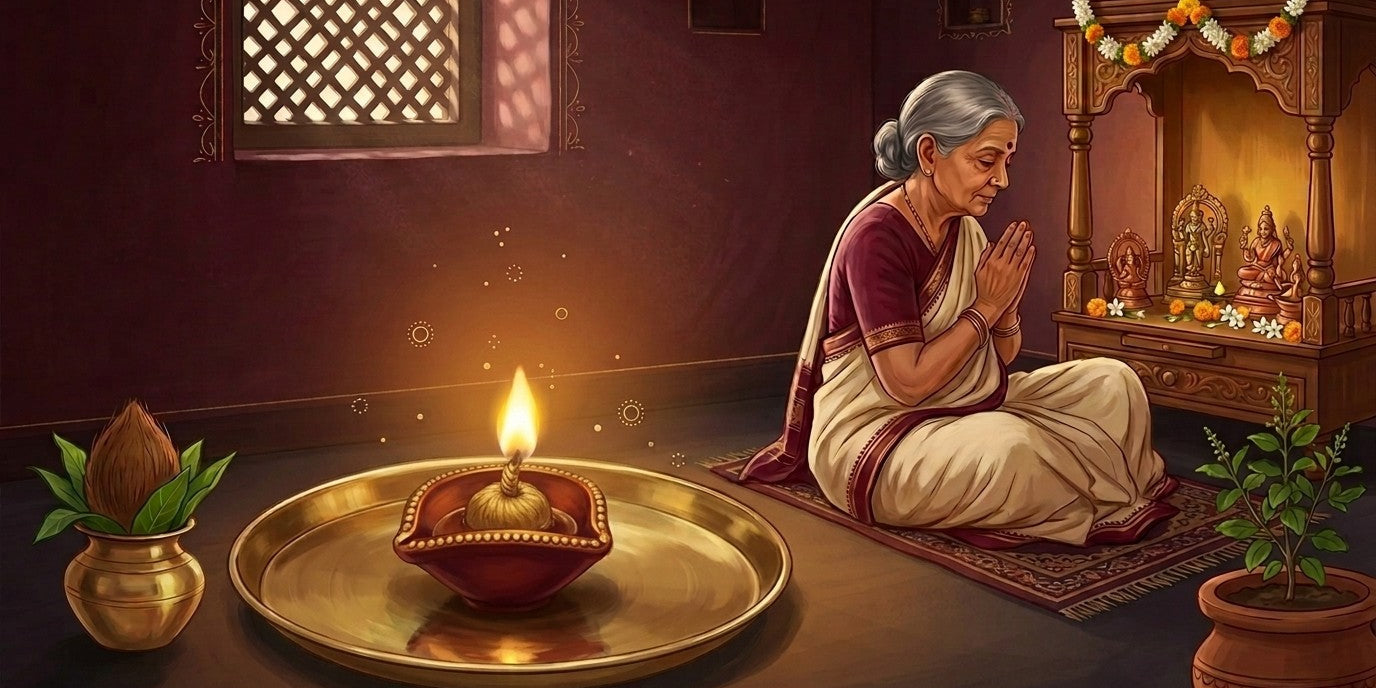 Grandmother praying at a home mandir beside a ghee-soaked 365 batti burning in a red and gold chaumukhi diya on a brass thali - Divine Sansar UAE