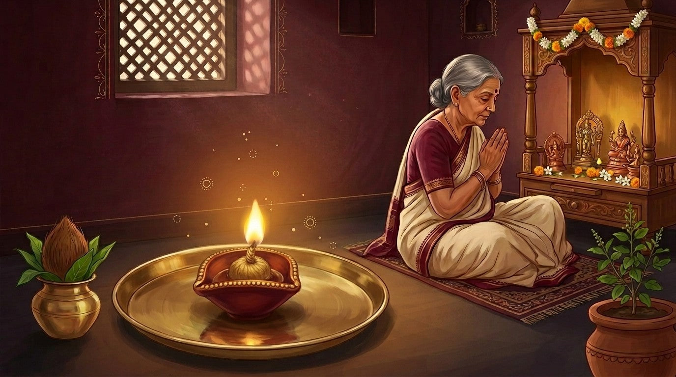 Grandmother praying at a home mandir beside a ghee-soaked 365 batti burning in a red and gold chaumukhi diya on a brass thali - Divine Sansar UAE