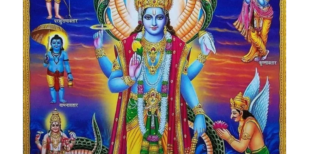 Lord Vishnu on a pink lotus under the multi-headed serpent Shesha, surrounded by his ten avatars