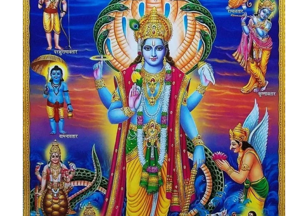 Lord Vishnu on a pink lotus under the multi-headed serpent Shesha, surrounded by his ten avatars