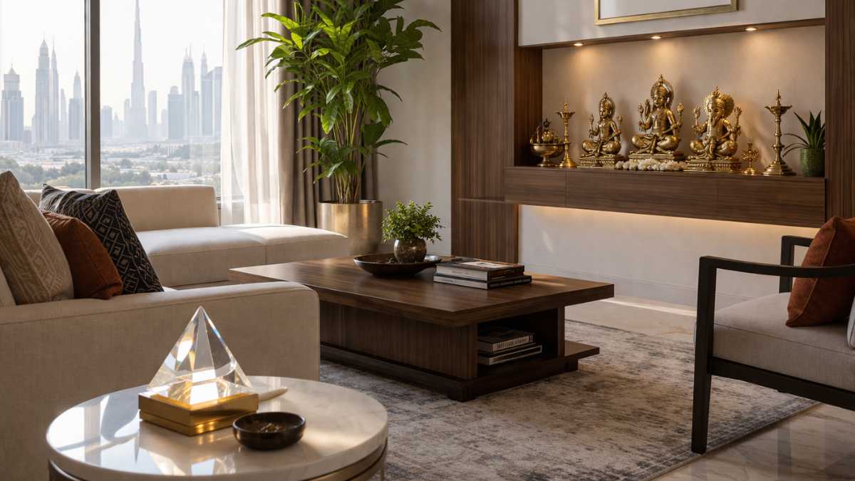 Dubai apartment interior with Vastu principles and Divine Sansar crystals for harmony