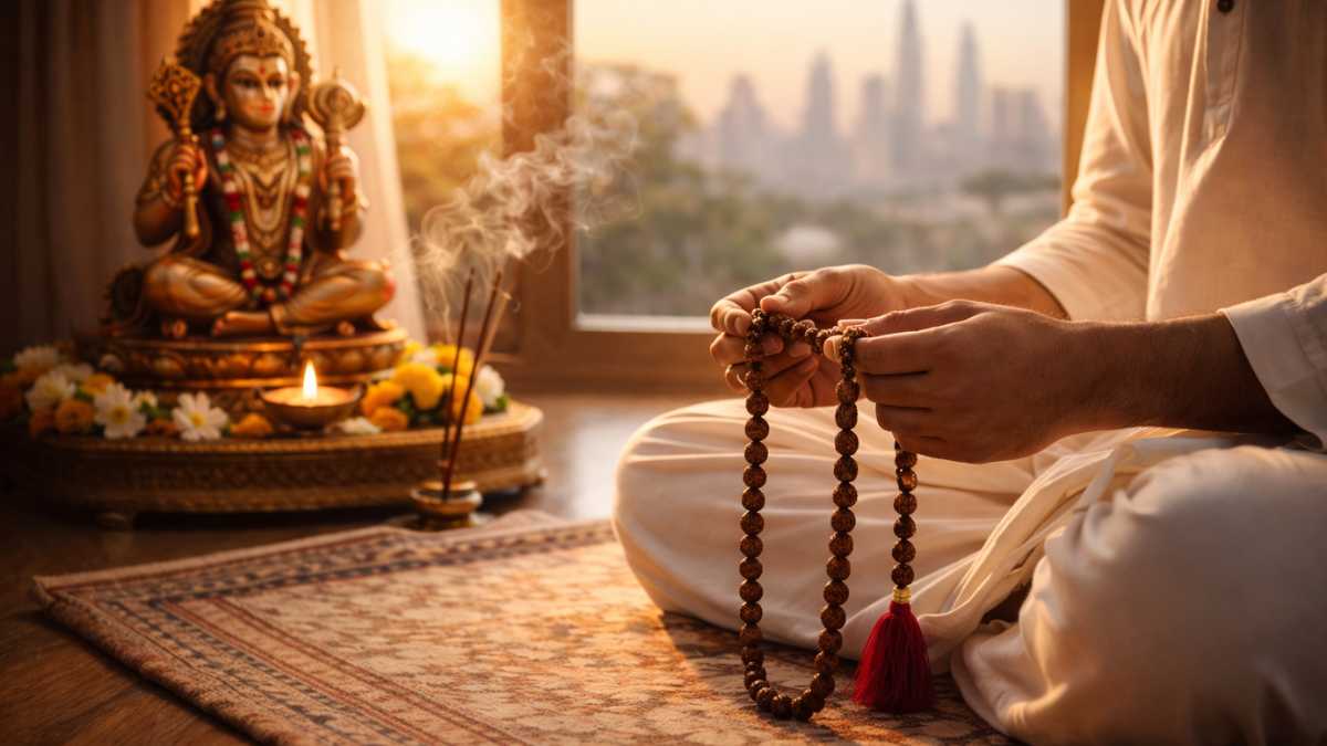 Person chanting Hanuman Chalisa with wooden mala beads in meditation - Divine Sansar spiritual guide