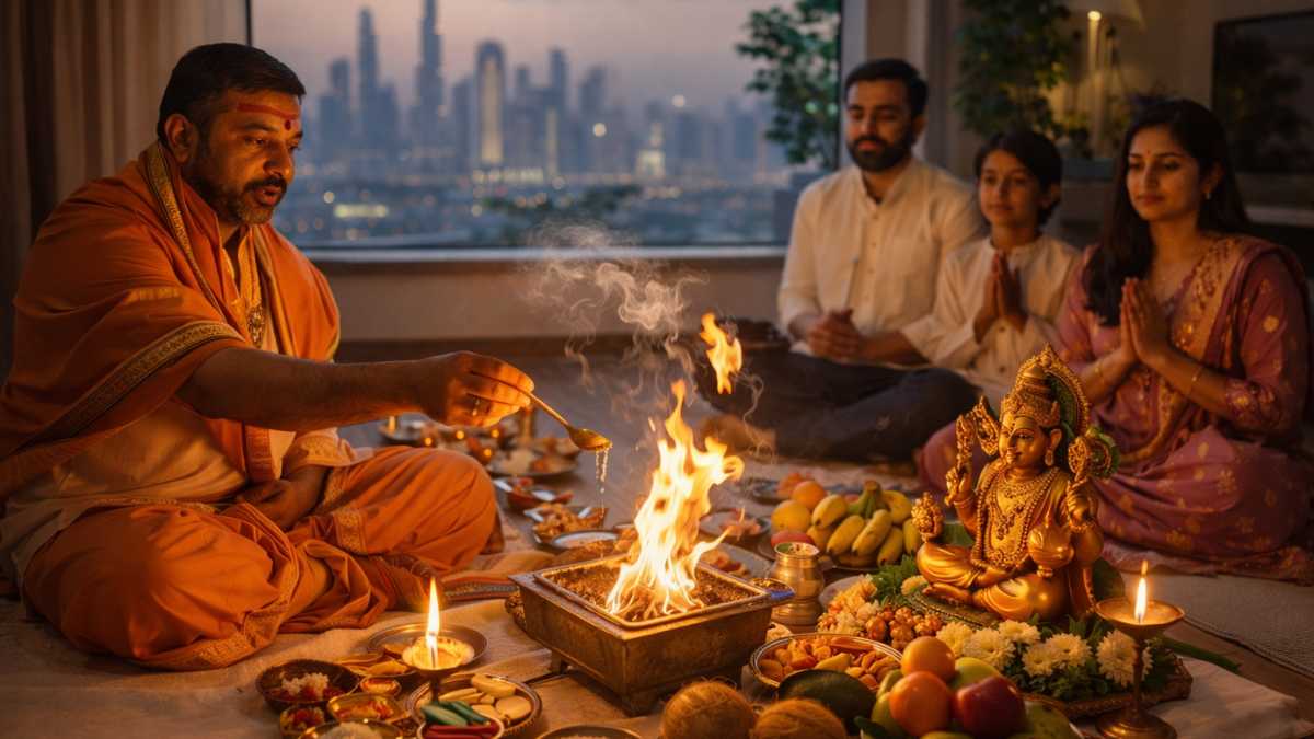 Pandit performing pooja service in UAE with Divine Sansar guidance for Hindu ceremonies
