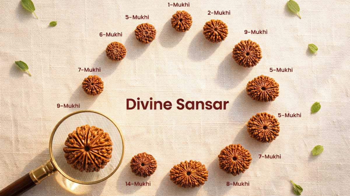 Authentic rudraksha beads by Divine Sansar showing various mukhi types with magnifying glass, Dubai UAE