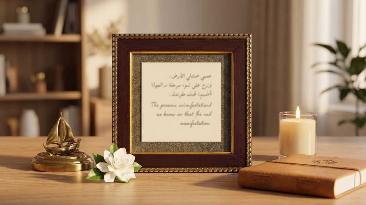 Pyrite frame with handwritten notes on a desk with a candle, flower, and golden sailboat for Vastu-Divine Sansar,UAE
