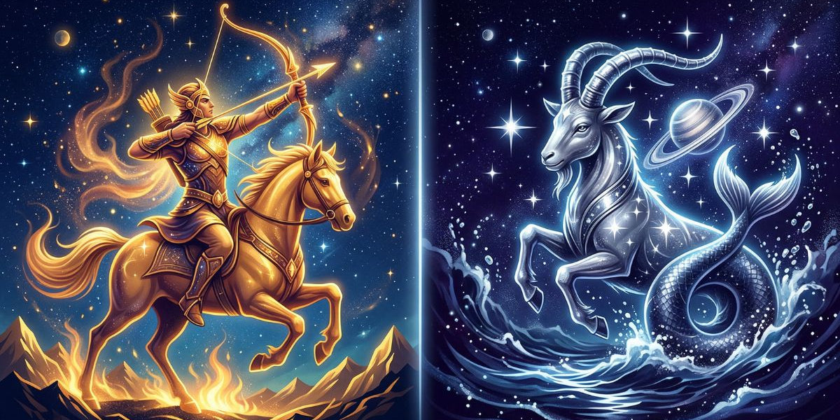 Dhanu Sagittarius and Makar Capricorn Rashi symbols - December born Hindu astrology Divine Sansar