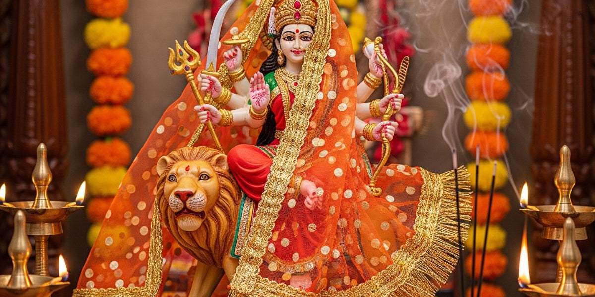 Maa Durga idol on her lion in an orange saree with marigold garlands, incense and brass diyas - Divine Sansar UAE