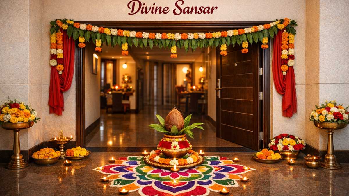 Grah Pravesh pooja setup with decorations and kalash at Dubai apartment by Divine Sansar