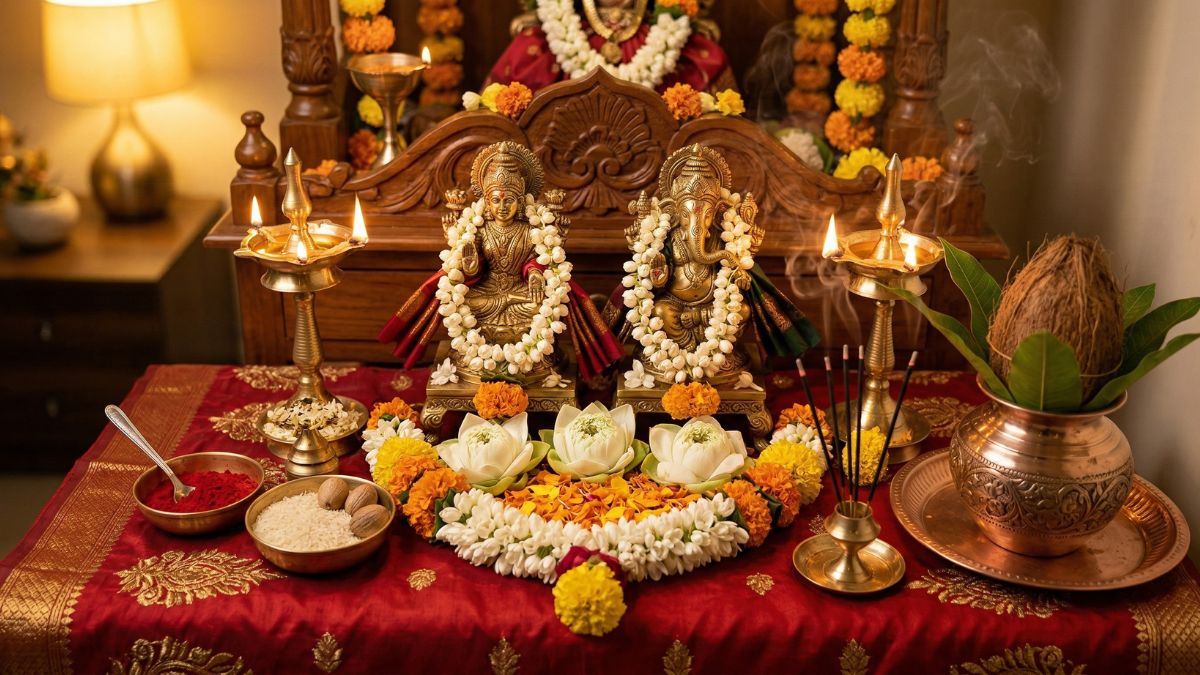 Home Lakshmi Ganesha puja altar with diyas and flowers - Divine Sansar UAE