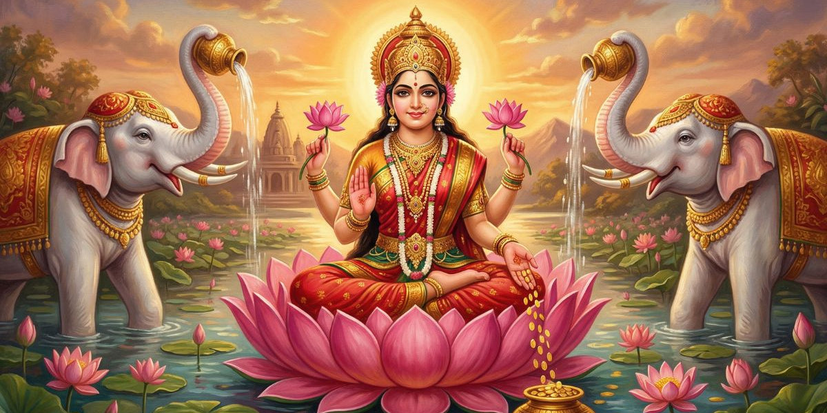 Maa Lakshmi on a pink lotus flanked by white elephants pouring water from golden pots - Divine Sansar