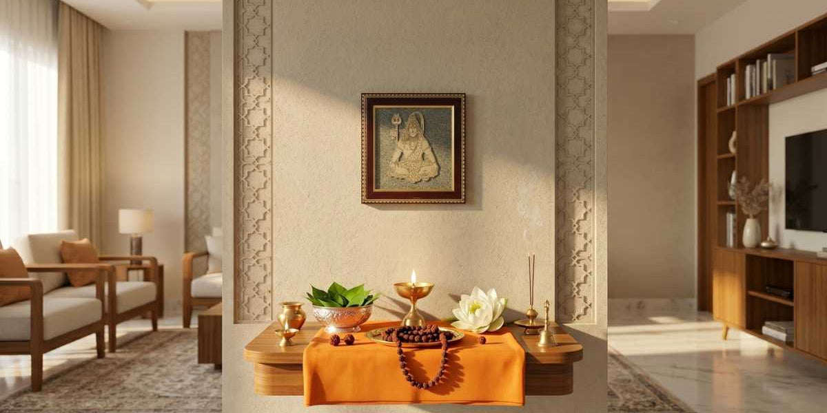 Pyrite Mahadev Shiv frame above a Vastu altar with beads, a diya, and flowers in a bright, modern UAE home-Divine Sansar,UAE