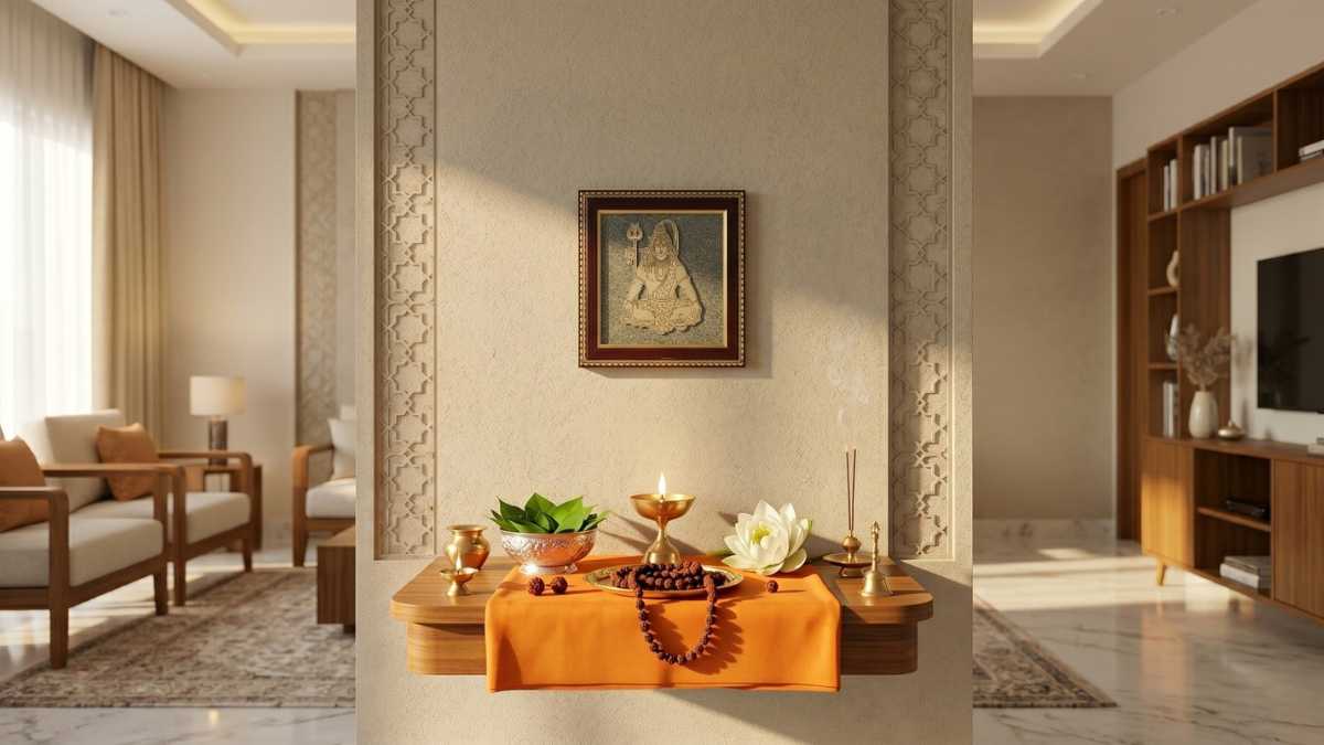 Pyrite Mahadev Shiv frame above a Vastu altar with beads, a diya, and flowers in a bright, modern UAE home-Divine Sansar,UAE