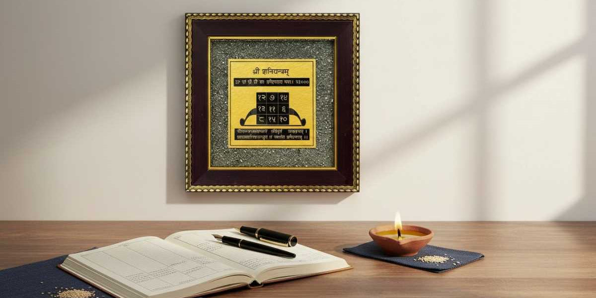 Pyrite Shani Yantra frame on a wall above a desk with an open journal, pen, and lit diya for Vastu in the UAE-Divine Sansar,UAE