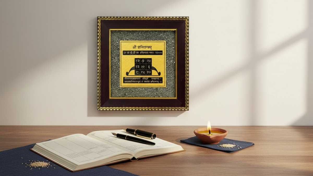 Pyrite Shani Yantra frame on a wall above a desk with an open journal, pen, and lit diya for Vastu in the UAE-Divine Sansar,UAE