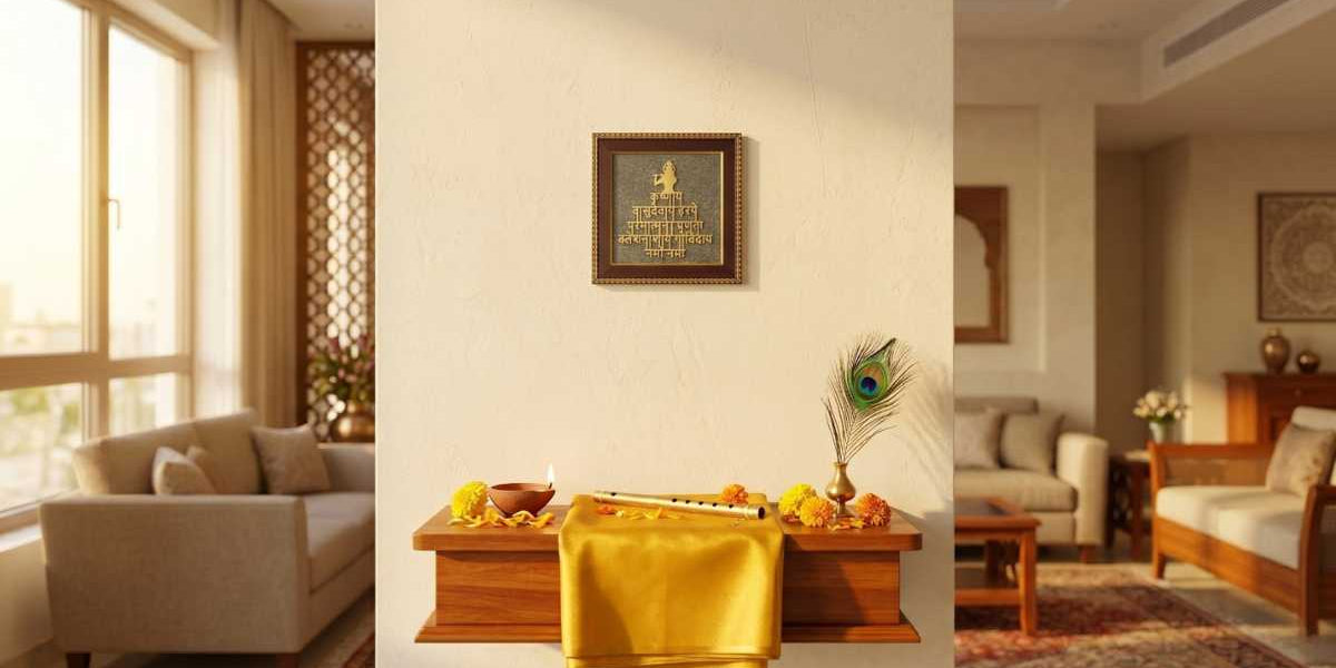 Pyrite Krishna mantra frame on a wall above a Vastu altar with a flute, peacock feather, and diya in a UAE home-Divine Sansar,UAE