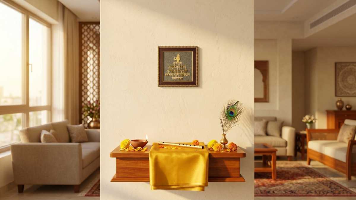 Pyrite Krishna mantra frame on a wall above a Vastu altar with a flute, peacock feather, and diya in a UAE home-Divine Sansar,UAE