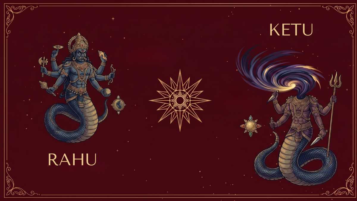 Rahu and Ketu as serpent deities - the severed head and body of Svarbhanu in Vedic art style - Divine Sansar UAE