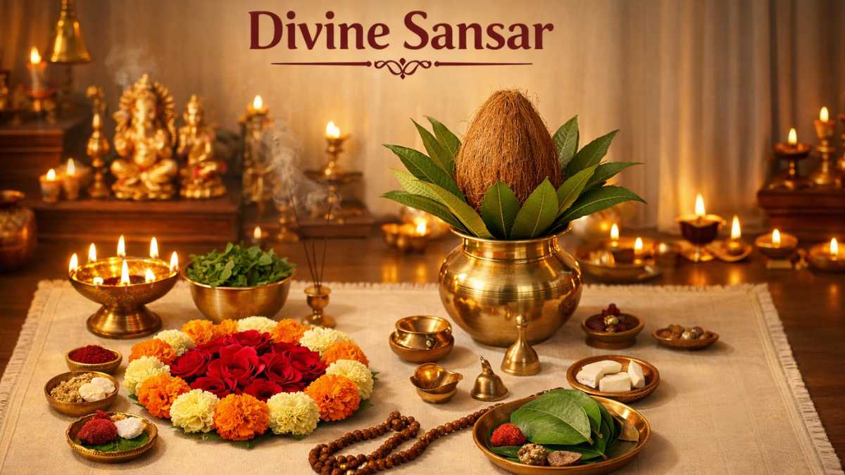 Satyanarayan puja setup with kalash, flowers, and samagri by Divine Sansar for Dubai homes