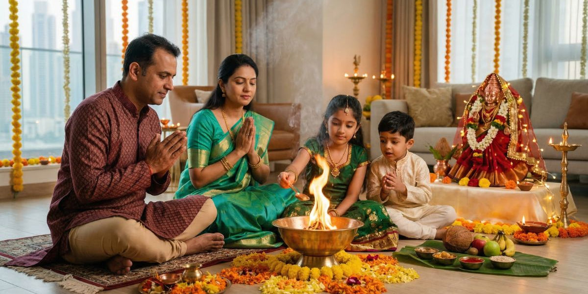 Indian family of four performing Navratri havan together with brass havan kund and Durga idol - Divine Sansar UAE