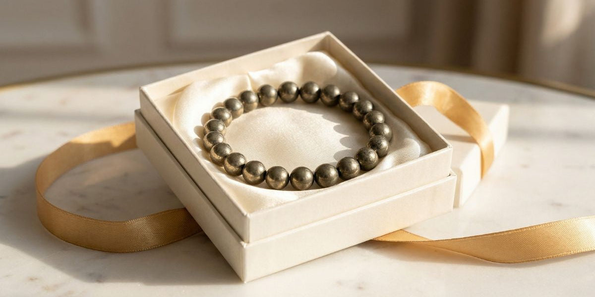 unmetal pyrite round bead bracelet in open gift box with cream satin - Divine Sansar UAE