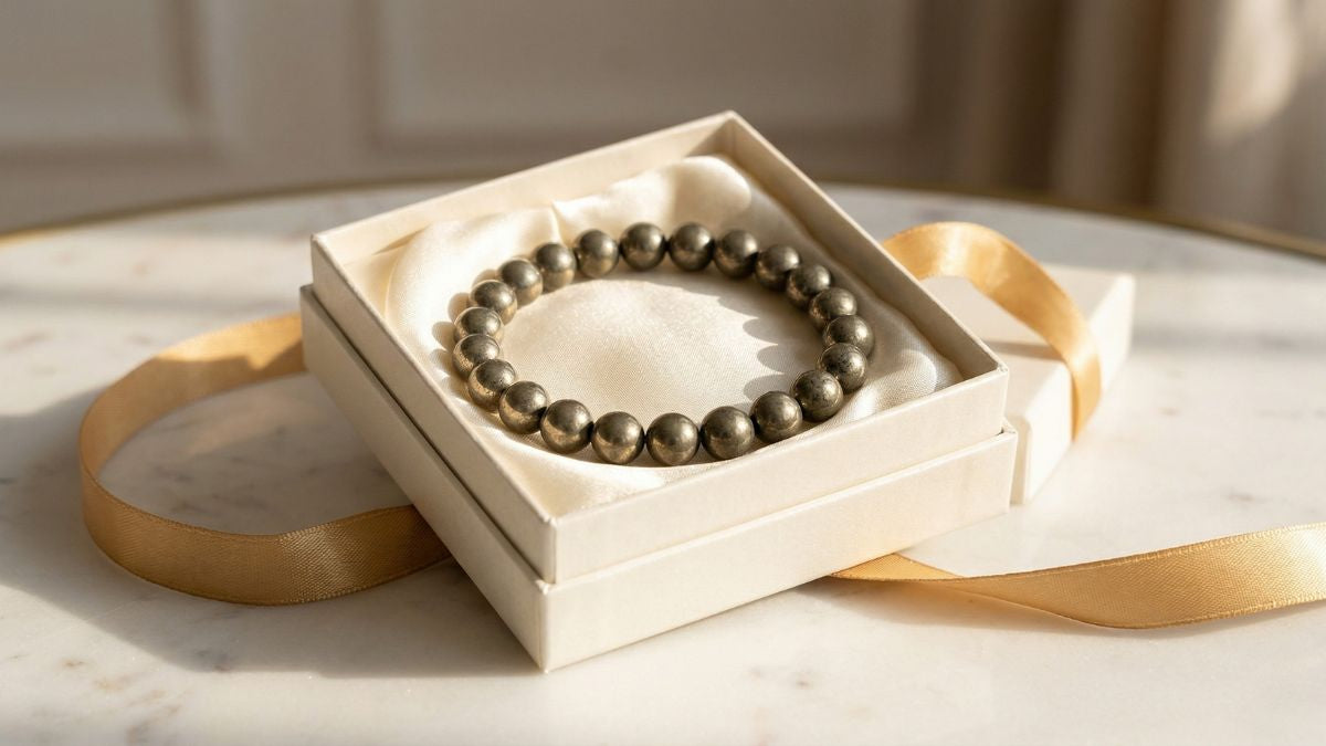 unmetal pyrite round bead bracelet in open gift box with cream satin - Divine Sansar UAE
