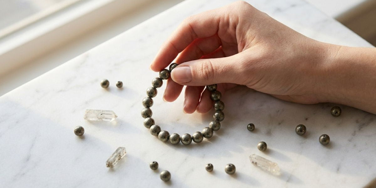 Hand holding gunmetal pyrite round bead bracelet on white marble - Divine Sansar UAE