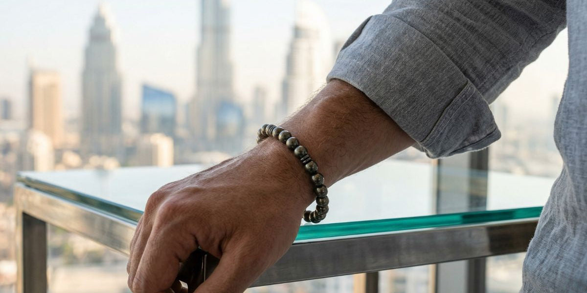 Gunmetal pyrite round bead bracelet on male wrist with Dubai skyline - Divine Sansar UAE