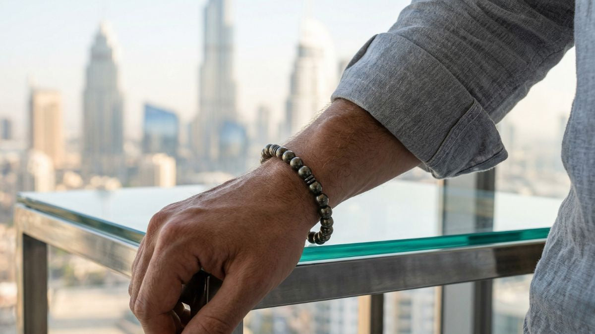 Gunmetal pyrite round bead bracelet on male wrist with classic watch - Divine Sansar UAE