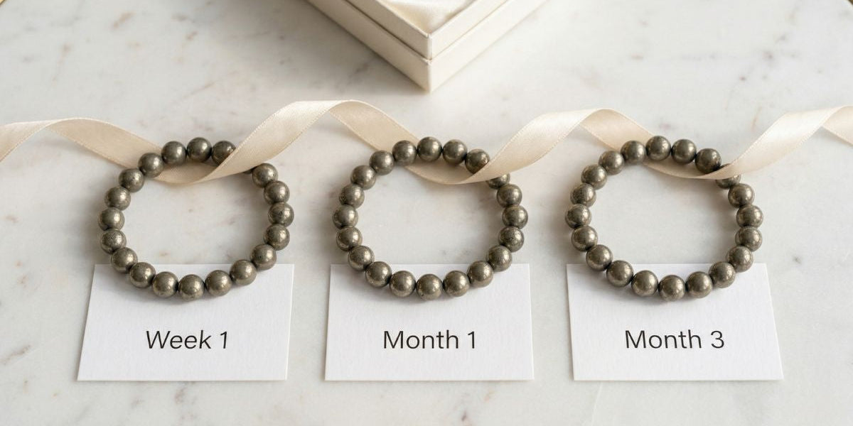 Three pyrite bracelets on white marble showing week 1 month 1 month 3 timeline - Divine Sansar