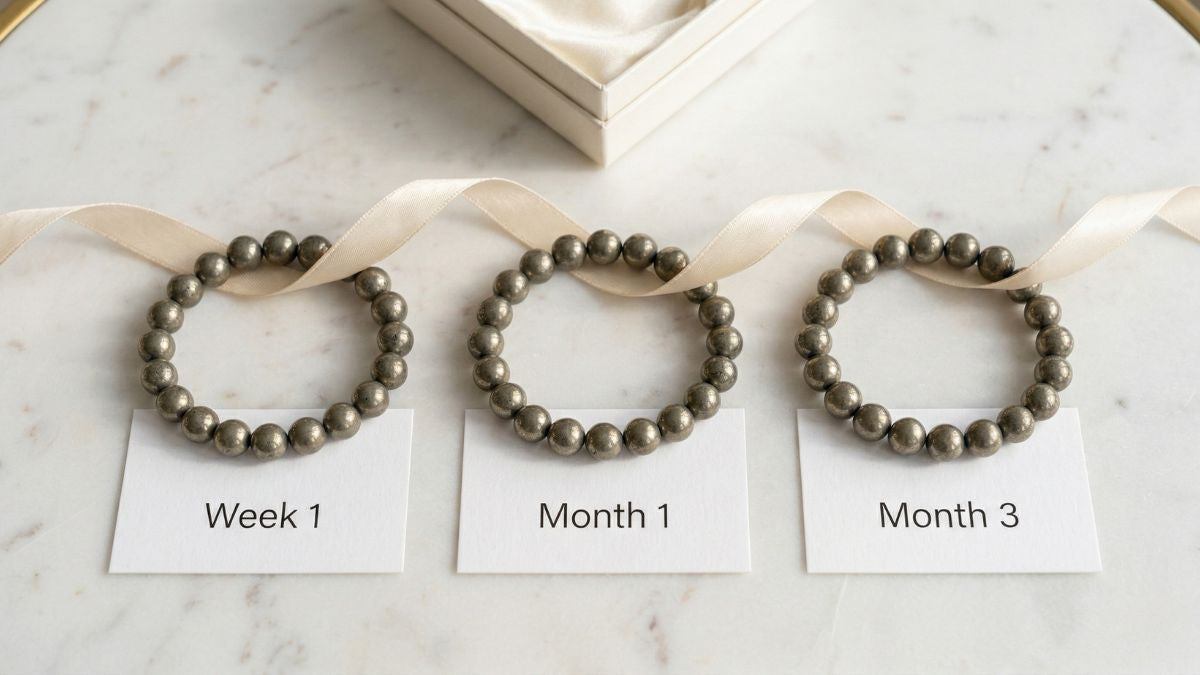 Three pyrite bracelets on white marble showing week 1 month 1 month 3 timeline - Divine Sansar
