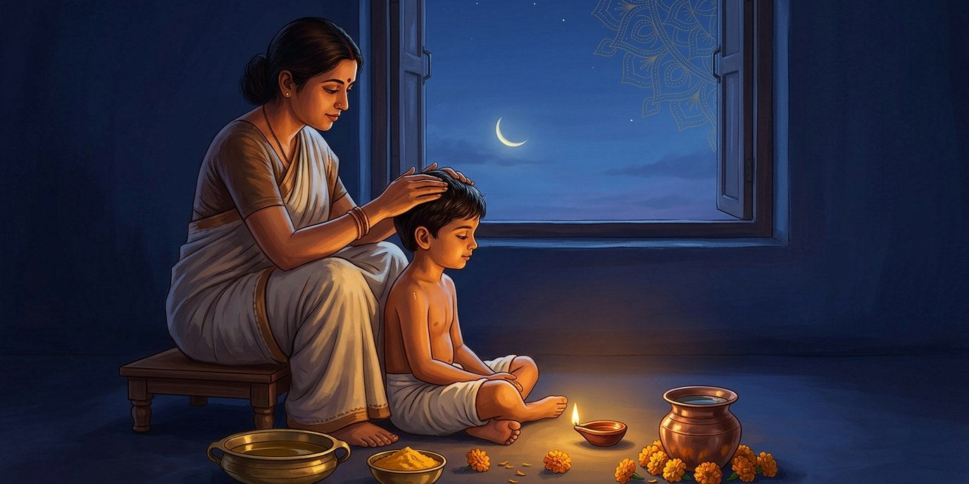 Mother massaging sesame oil into her son's hair before dawn by the light of a clay diya for Abhyang Snan on Narak Chaturdashi - Divine Sansar