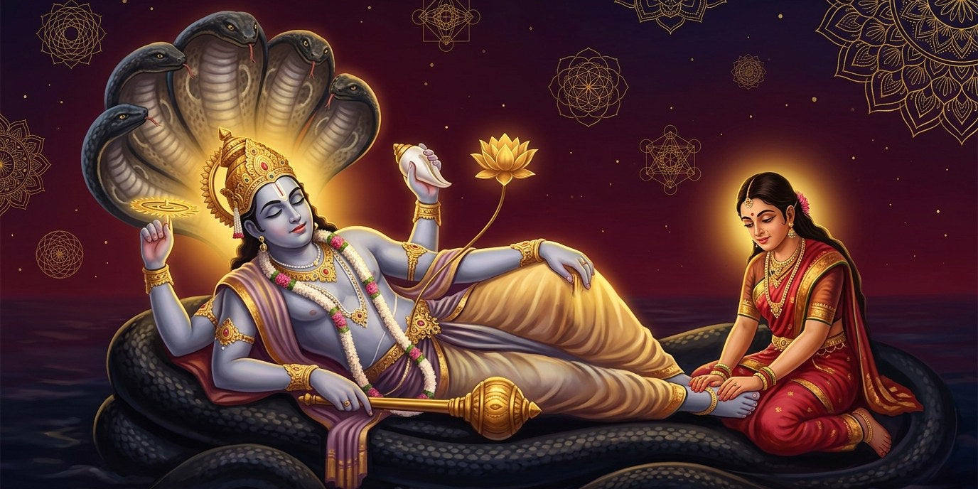 Four-armed Vishnu holding chakra, conch and gada, reclining on five-hooded Shesha as Lakshmi presses his feet - Divine Sansar UAE