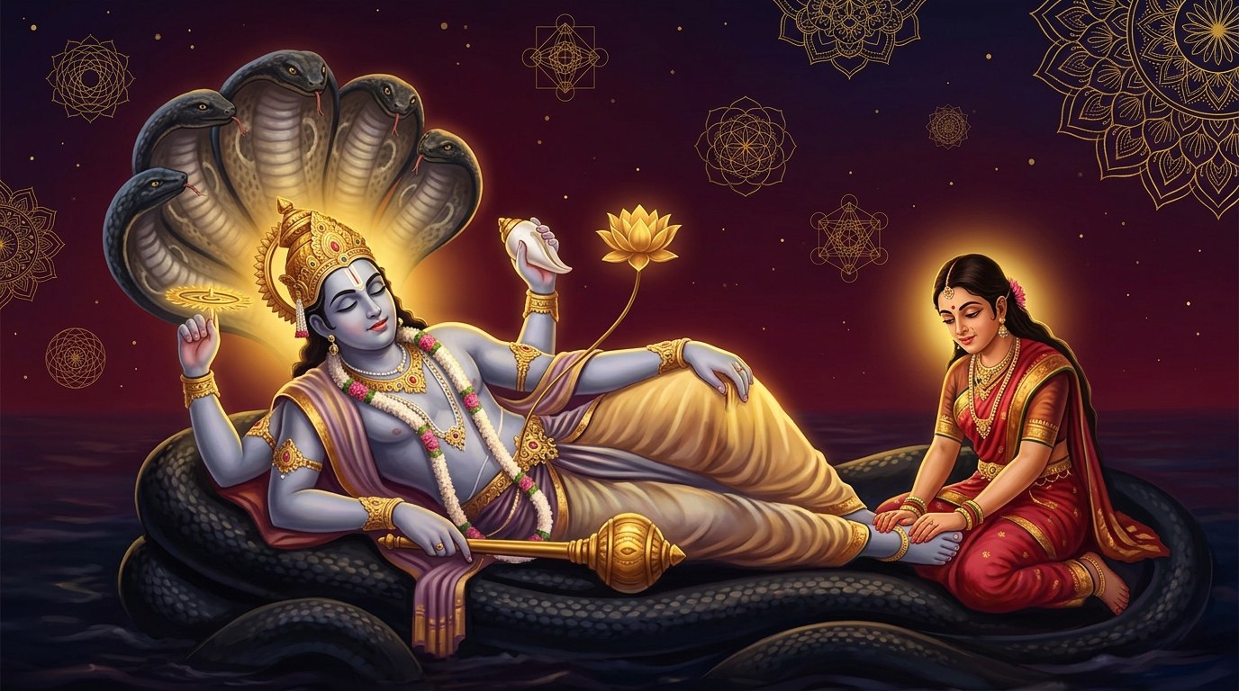 Four-armed Vishnu holding chakra, conch and gada, reclining on five-hooded Shesha as Lakshmi presses his feet - Divine Sansar UAE