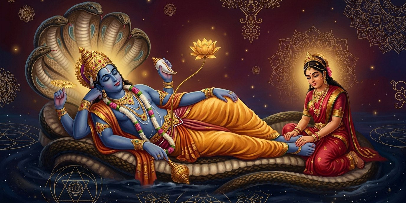 Blue-skinned Vishnu reclining on the coiled serpent Shesha, Lakshmi at his feet and a gold lotus rising from his navel - Divine Sansar UAE