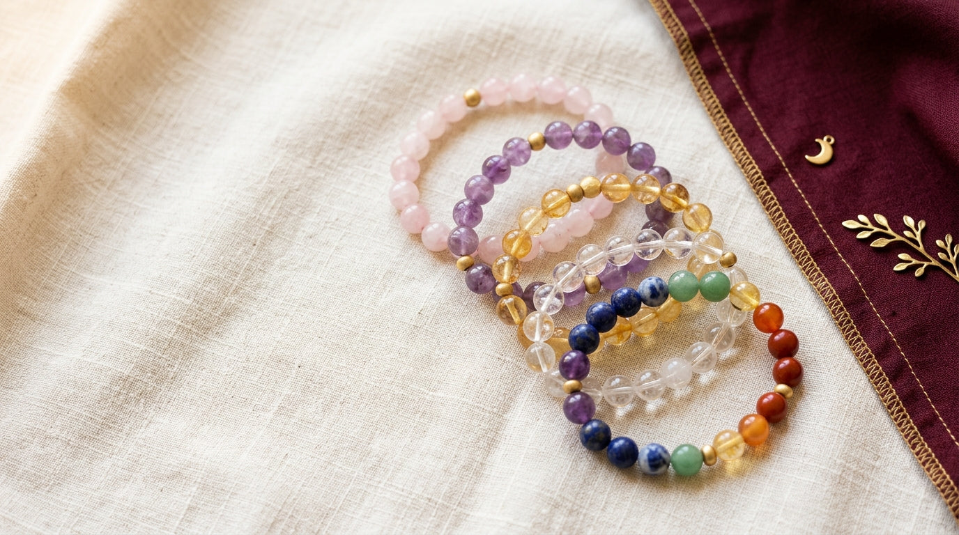 Beginner crystal bracelets - rose quartz, amethyst, citrine, clear quartz and 7 chakra beaded bracelets - Divine Sansar