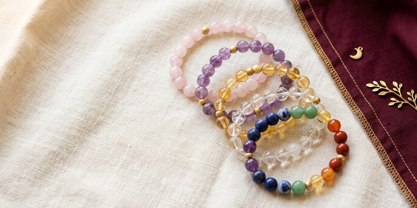 Beginner crystal bracelets - rose quartz, amethyst, citrine, clear quartz and 7 chakra beaded bracelets - Divine Sansar