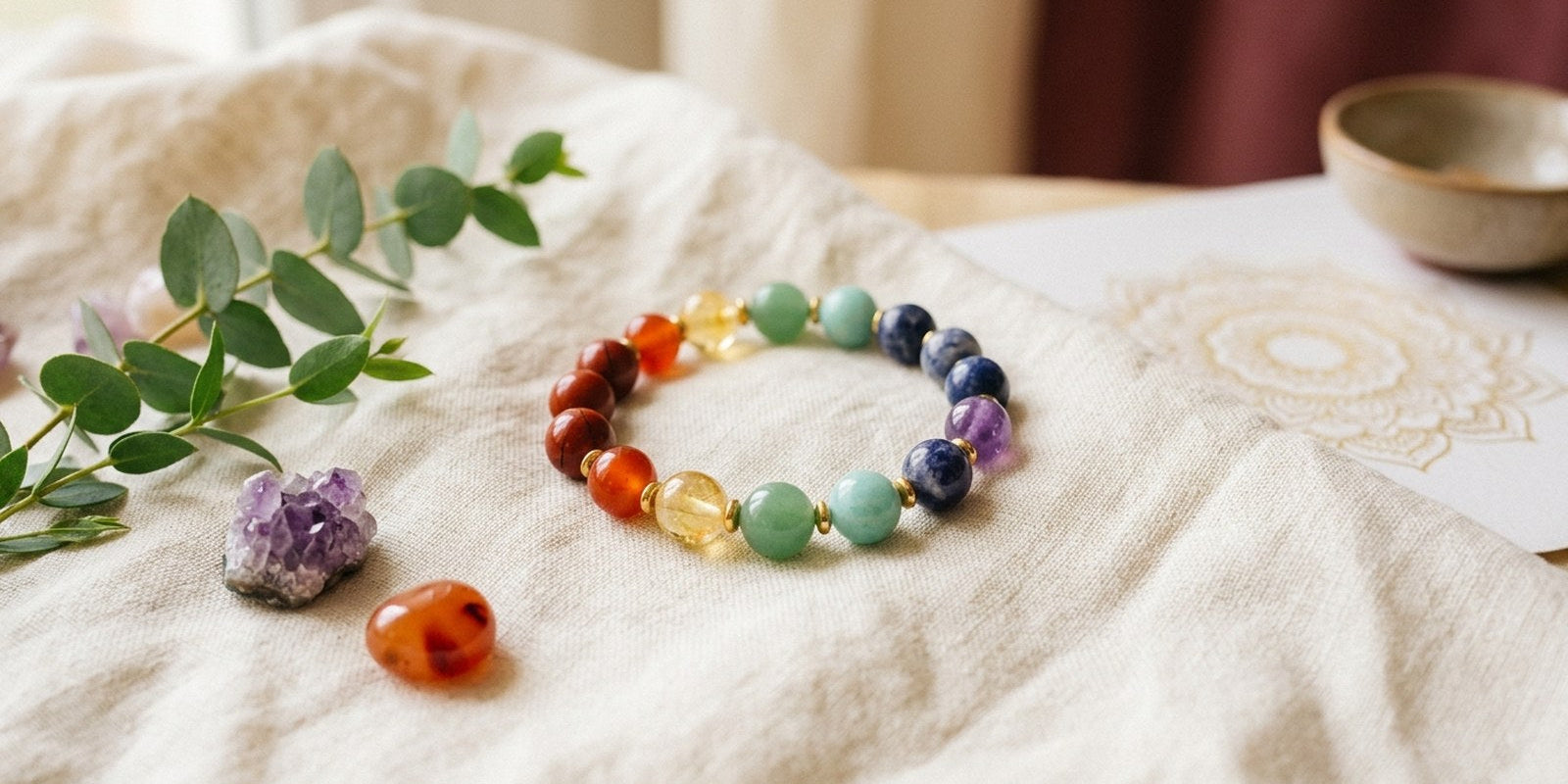 Seven chakra crystal bead bracelet with loose crystals on cream linen - Divine Sansar