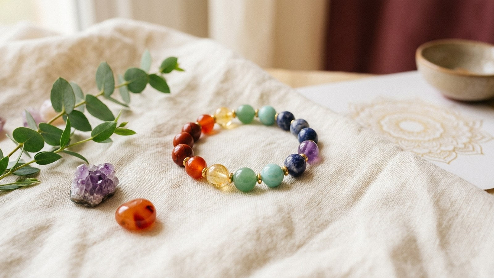 Seven chakra crystal bead bracelet with loose crystals on cream linen - Divine Sansar