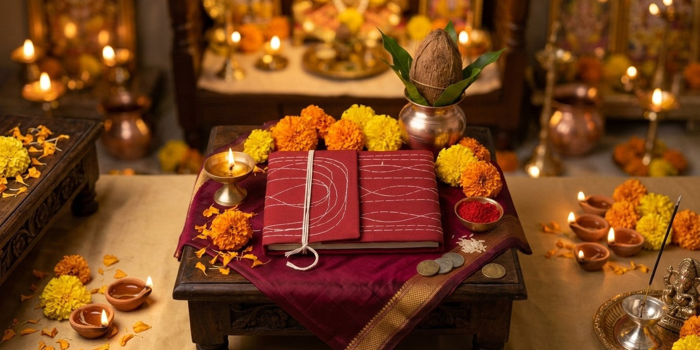 Red cloth bahi khata on a Diwali pooja chowki with brass diya, marigolds and kalash for Chopda Pujan in the UAE
