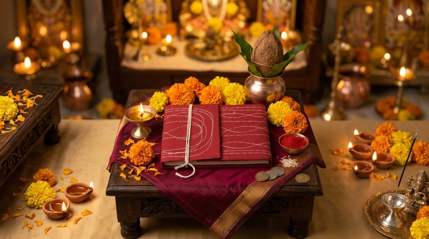Red cloth bahi khata on a Diwali pooja chowki with brass diya, marigolds and kalash for Chopda Pujan in the UAE